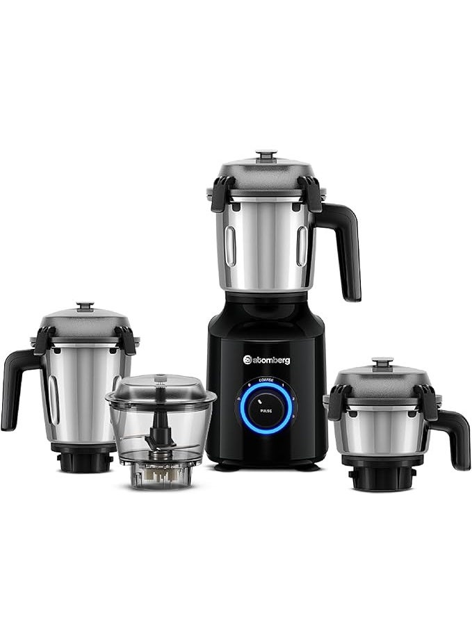 atomberg خلاط ومطحنة أتومبيرج زينوفا | وضع طحن خشن فريد للحصول على قوام يشبه عجينة السيلباتا | محرك BLDC ذكي | ميزات أمان | 4 أوعية بما في ذلك وعاء التقطيع | تشغيل بدون استخدام اليدين (أسود) - Image 1